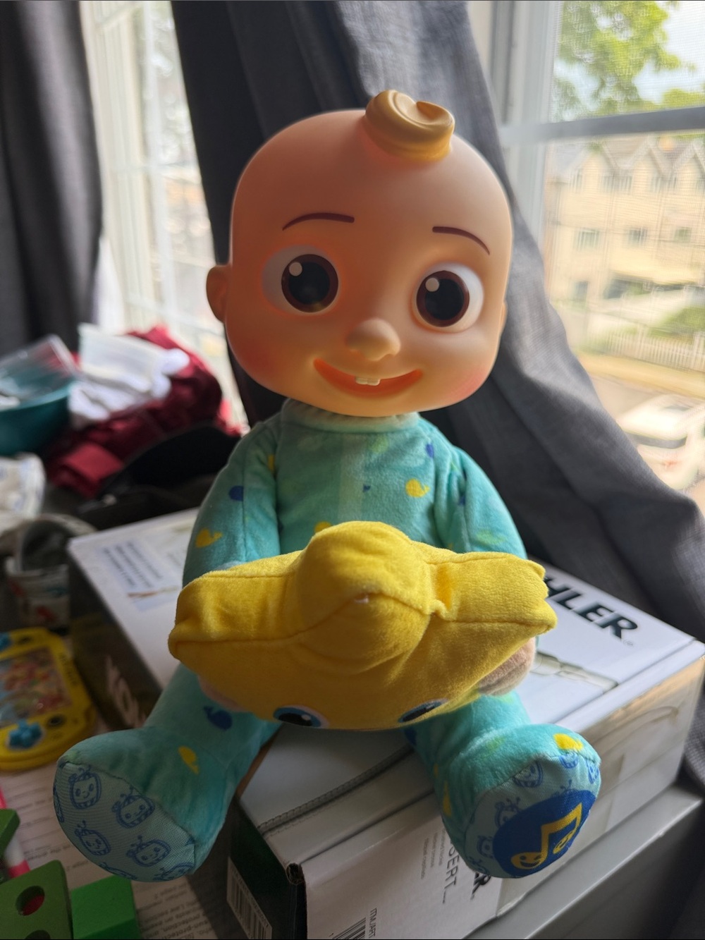 Plush Baby Doll in Light Blue Pajamas with Yellow Star Pillow